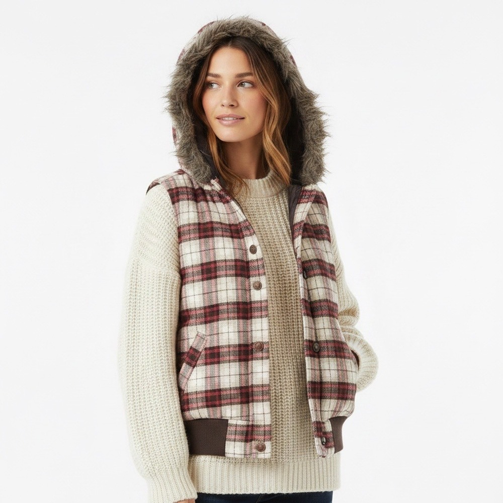 Urban Behavior Plaid Puffer Vest Small Red Cream Faux Fur Hood Quilted
